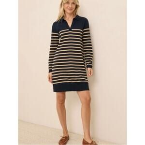 Pact Striped Sweater Dress Navy Tan Size Small
